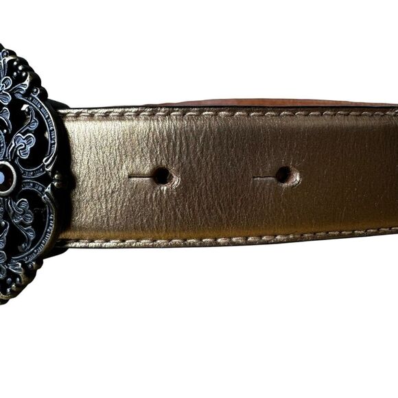 Fossil Metallic Leather Fleur De Lis Filigree Belt M | Y2K Chunky Bling Buckle - Picture 3 of 10